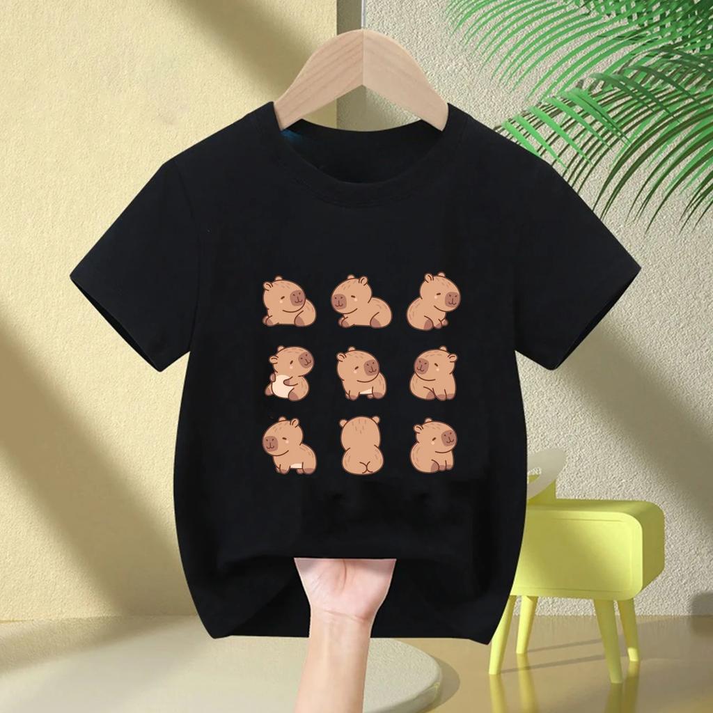 Cute Capybara Loves Bubble Tea Print Kids TShirt Summer Childrens Cartoon Shortsleeved Casual Tops Boys and Girls Clothing