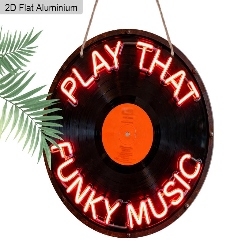2D Flaches Aluminium Spiel Das Funky Musik 7,87 Zoll Schild CD Platte, Warme Rote Buchstaben Neon Up Schild für Wanddekoration Musik, Karaoke Bar Club Plattenladen