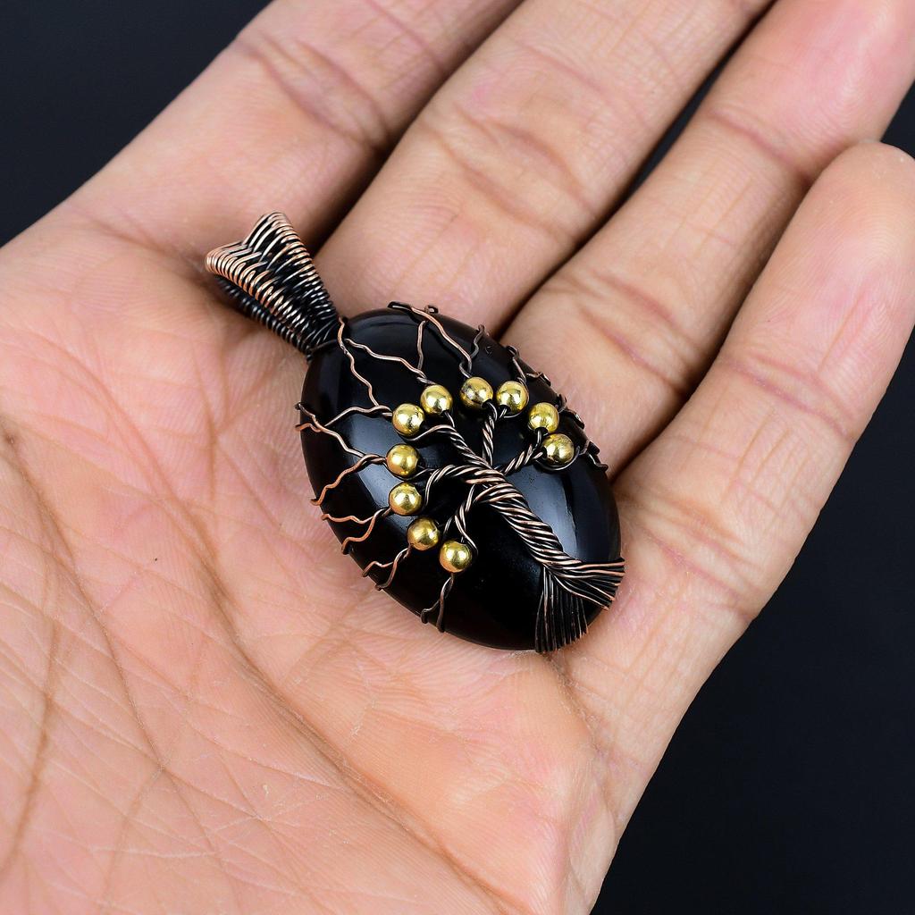 Tree Of Life Black Eye Obsidian Pendant Handmade Gemstone Jewelry, 999 Copper Wire Wrapped Pendant Design Jewelry Pendant