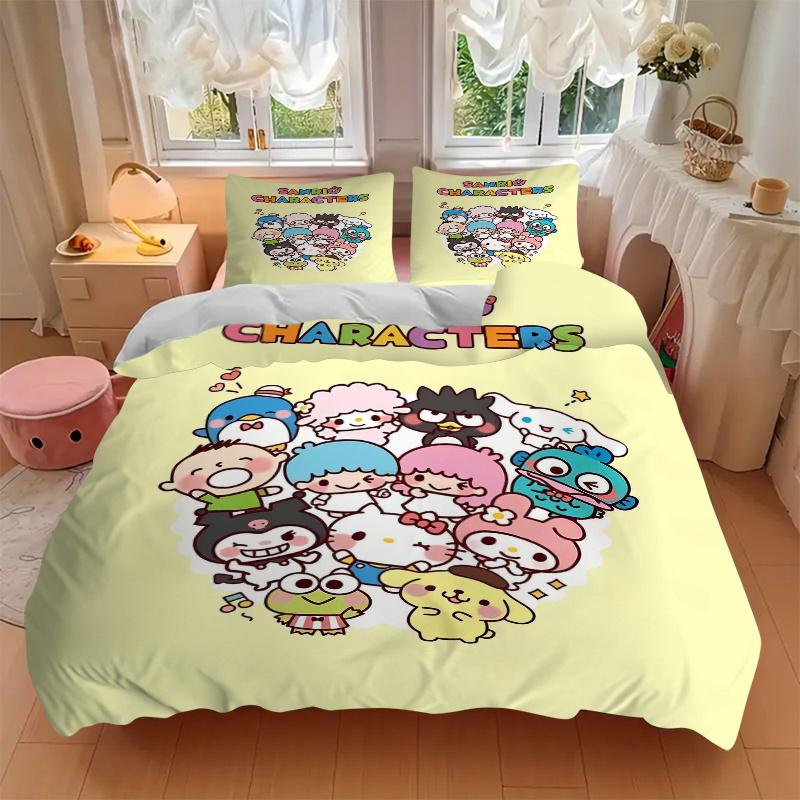 3pcs Sanrio Characters Gathering Pattern Bedding Set, 1* Cover + 2*Pillowcases, Printed Bedding Set, Soft and Comfortable.S085
