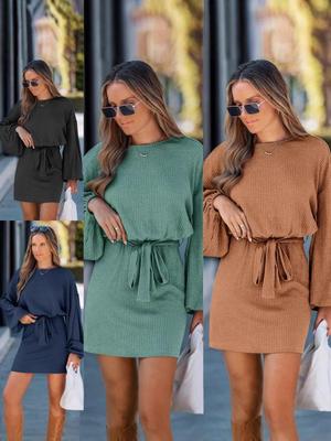 2026 European & American Autumn/Winter Women's Slim Fit Decorative Ribbed Knit Dress.