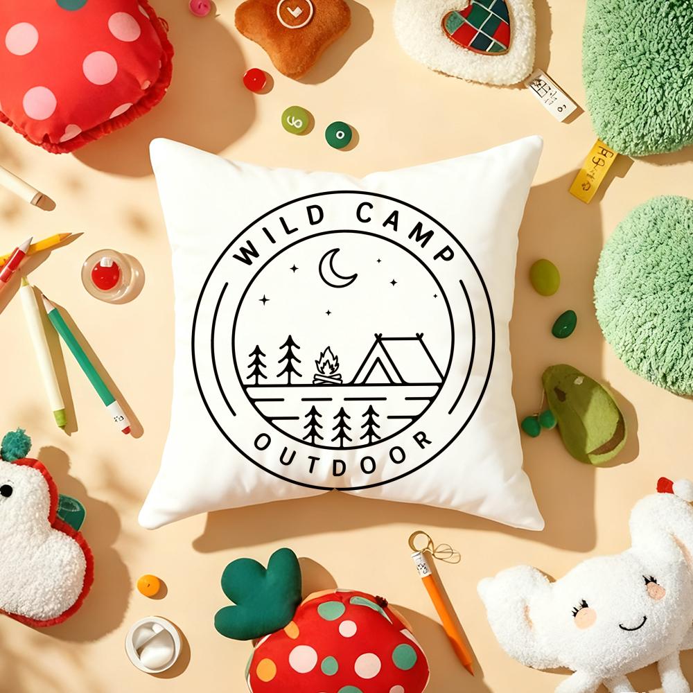 Camping Outdoor Logo Cushion Cover Plush Fabric Soft Double-Sided Printed Sofa Warm Winter Home Child Gift Pillow Case