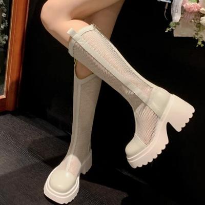 Cizme cu platformă pentru femei 2024, vară, gladiator, fermoar, plasă, respirabil, cu tocuri medii, cizme de modă, cilindru mare, sandale cu vârf înalt