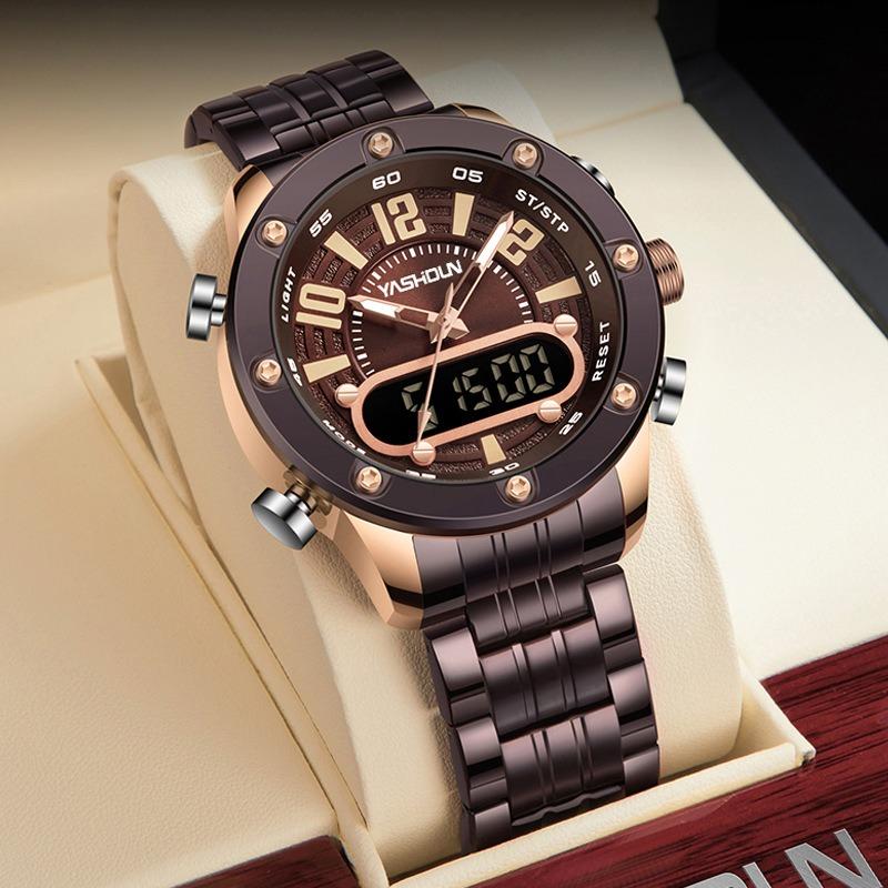 Top Brand Multifunctional Dual Display Electronic Watch Sport Men's Watch Steel Strap Quartz Wrist Watch
