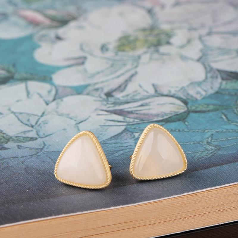 

925 Gold-Plated Hetian Jade Triangle Stud Earrings with Certificate 925 Silver