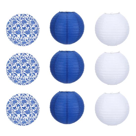 9 Pezzi Lanterna Chinoiserie Blu e Bianca Appesa Lanterna di Carta Rotonda Decorazione per Matrimonio Festa di Compleanno Decorazione da Soffitto