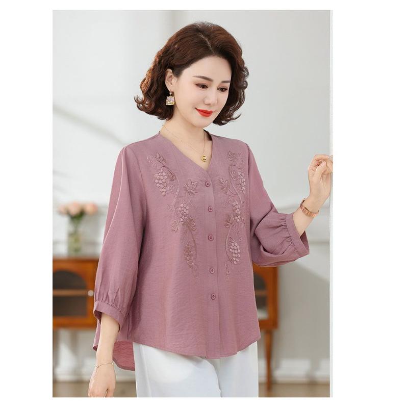 Elegante Blaue Traubenstickerei Bluse Damen Halbarm V-Ausschnitt Lässiges Hemd für Mittleren Alters