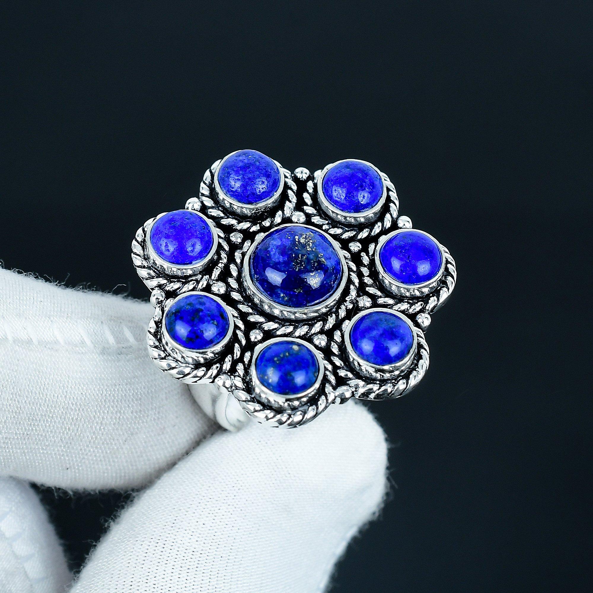 

Кольцо из натурального лазурита ручной работы из серебра 925 пробы - Кольцо в богемном стиле - Украшения бохо ручной работы для женщин и мужчин, подарки для вечеринок US 4 синий