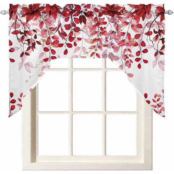 Kitchen Curtains Sets 24 Inch Length with Valance, Abstract Art Blue Leaves Branches Swag Valances for Windows and Tiers Curtain Set, Light Filtering