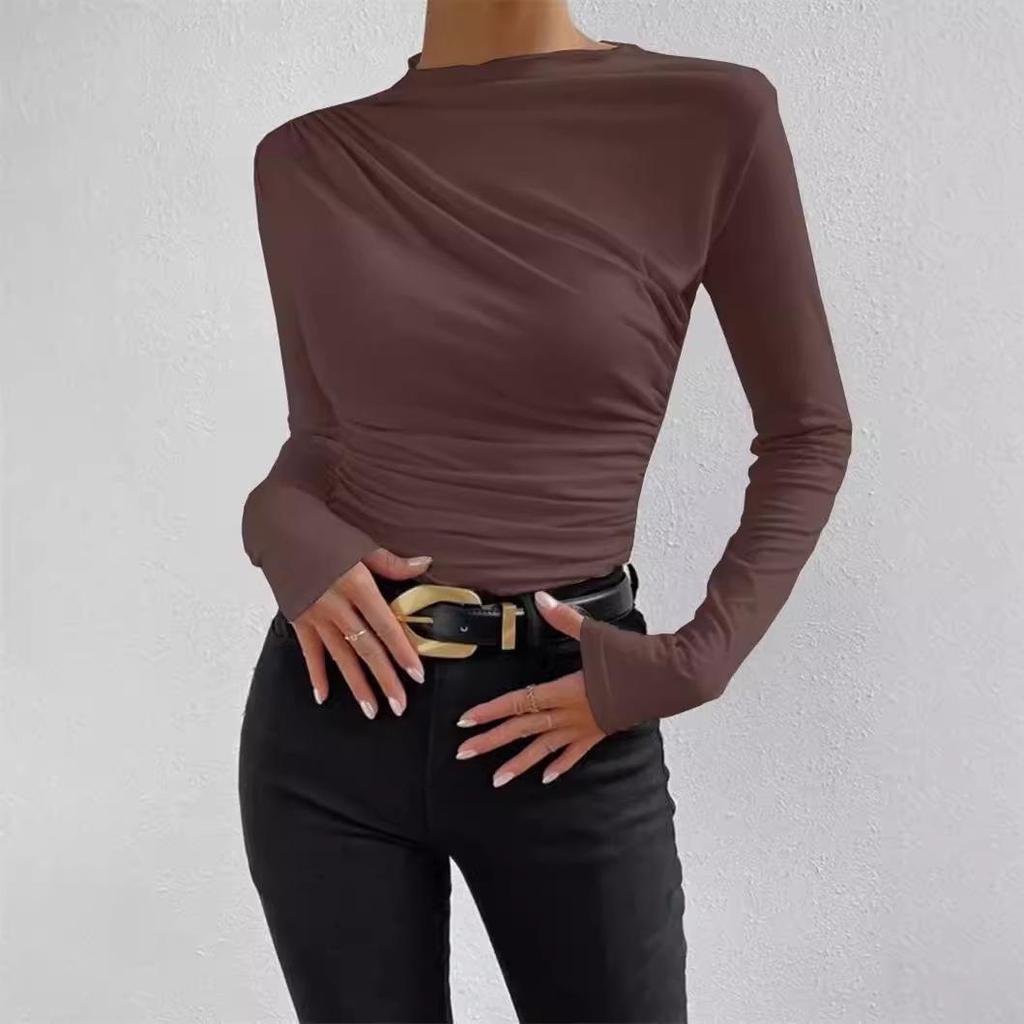 2024 Women's Apricot Slim Fit Pleated Long Sleeve T-Shirt