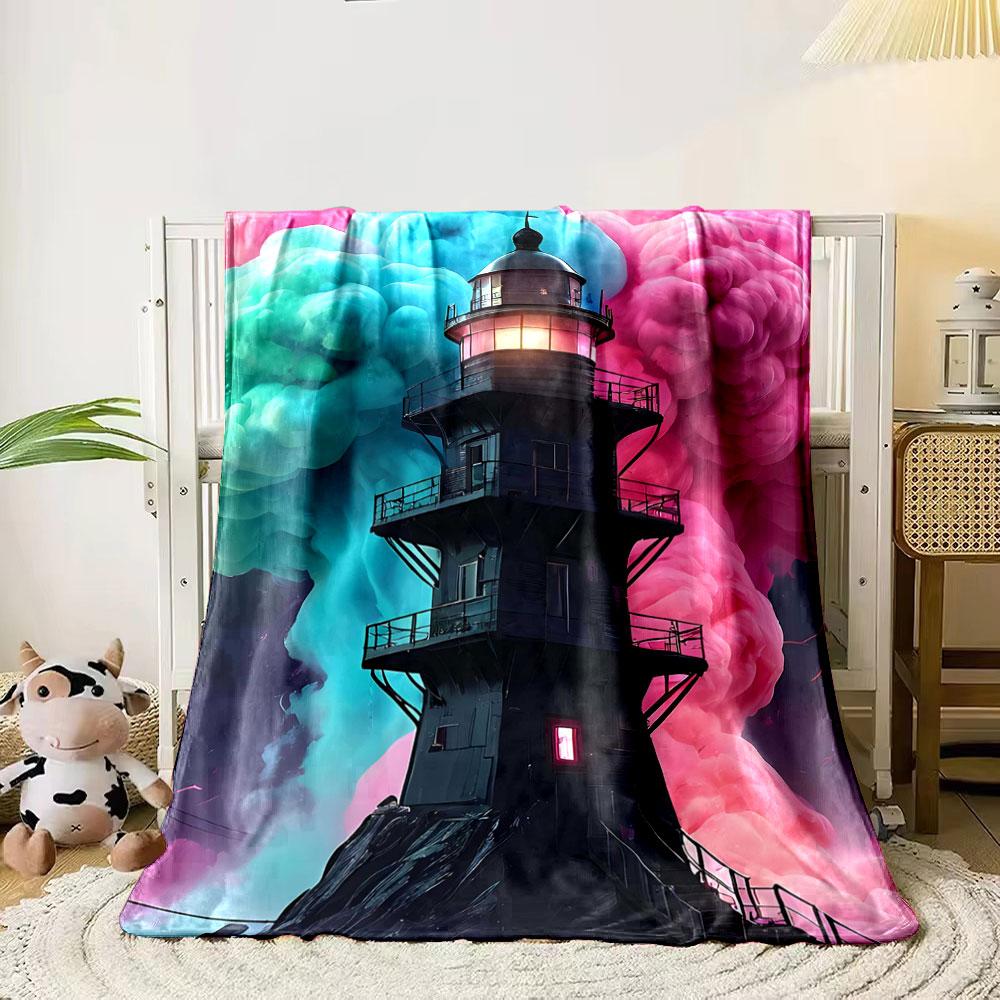 A black lighthouse stands amid vibrant pink and teal swirling clouds. for all seasons blanket lunch break throw gift