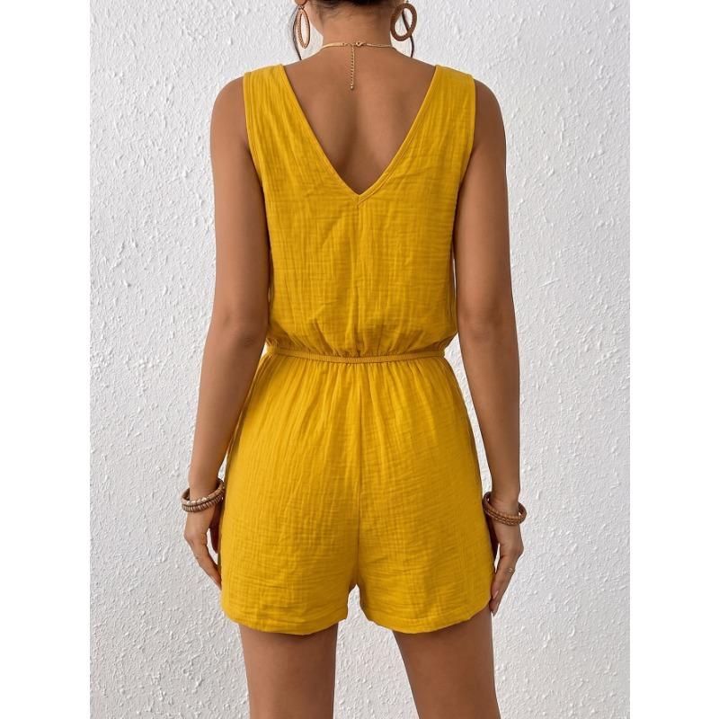 Damen Unifarben Strukturiert Verdrehte Träger Lässig Urlaub Kordelzug Ärmellos Jumpsuit Shorts