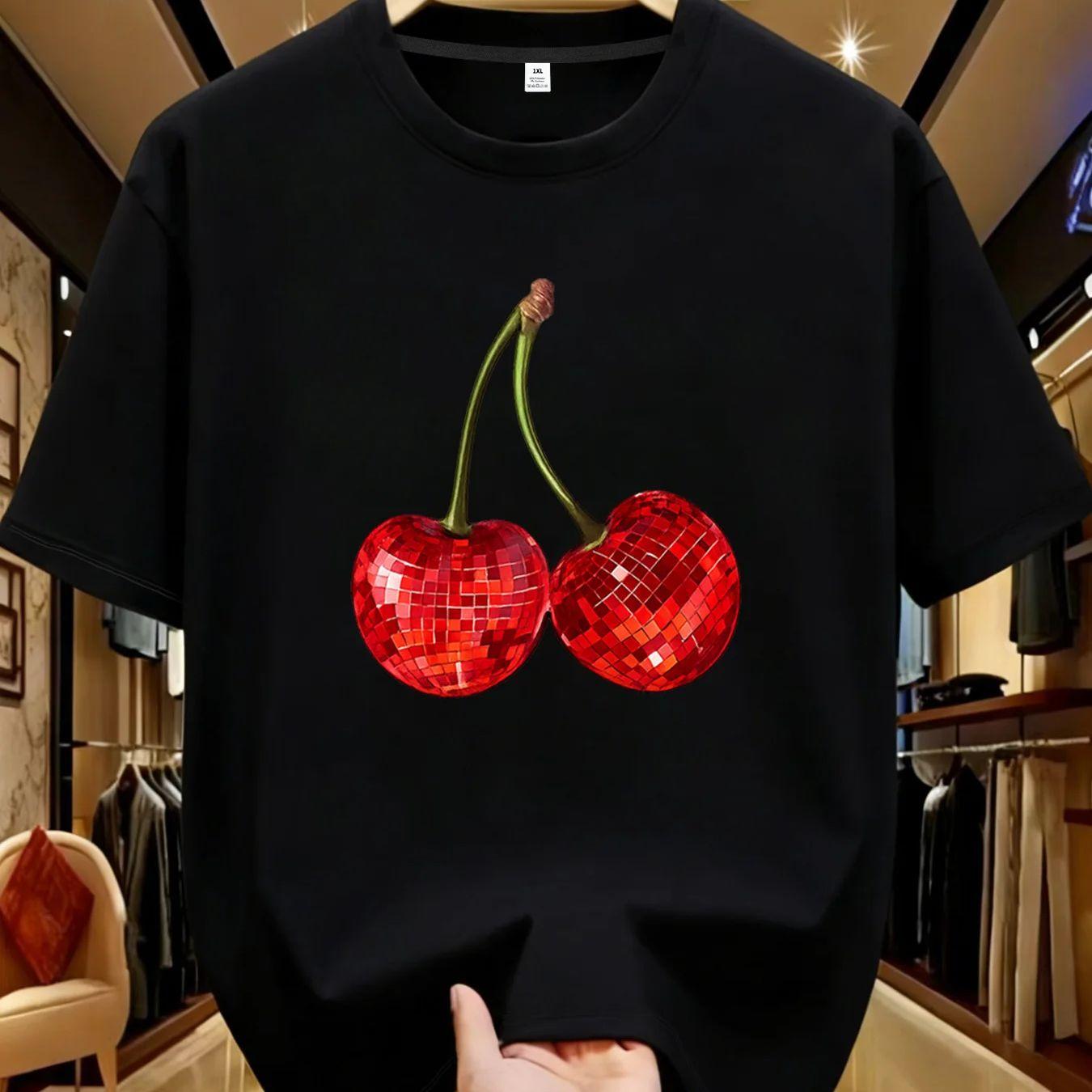 Two cherries Plus size women s round neck short sleeve T-shirt with elastic half sleeves and trendy prints XL чёрный