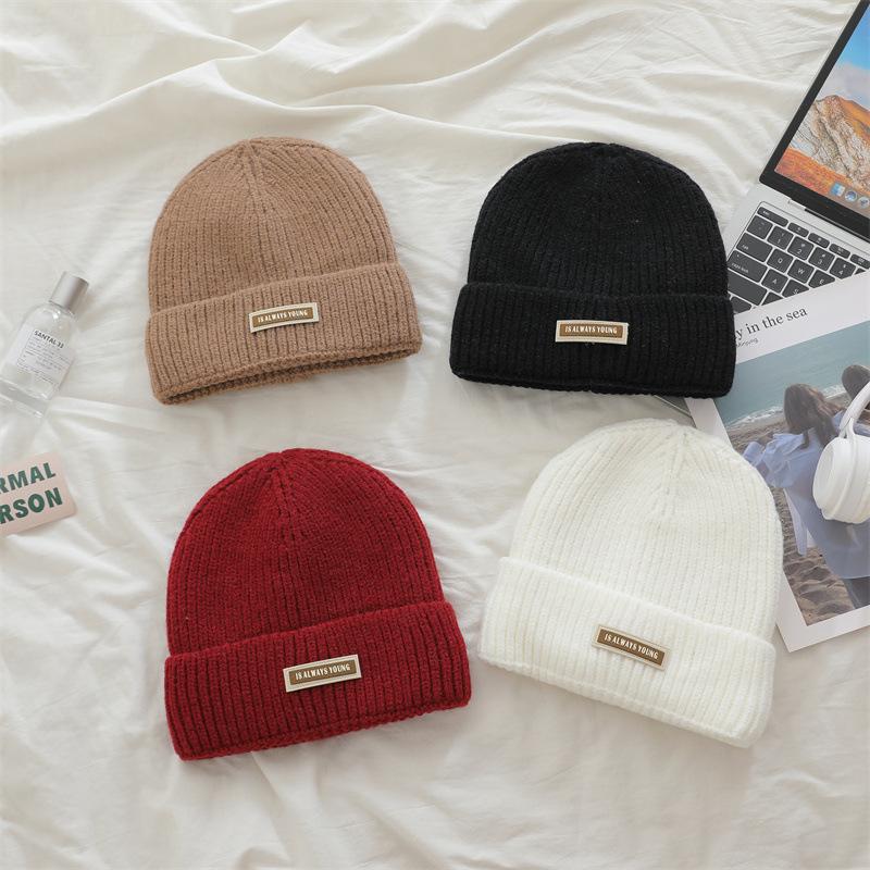 Korean Pearl Bow Wool Hat for Women Plus Velvet Thickened Warm Knitted Hat Letter Labeled Same Style for Men and Women