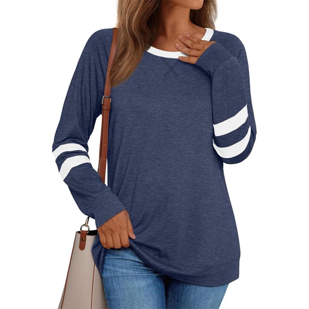 New Women's Patchwork Long Sleeve T-shirt, Casual Loose Crew Neck Top for Women, European American Style, Crossborder Apparel