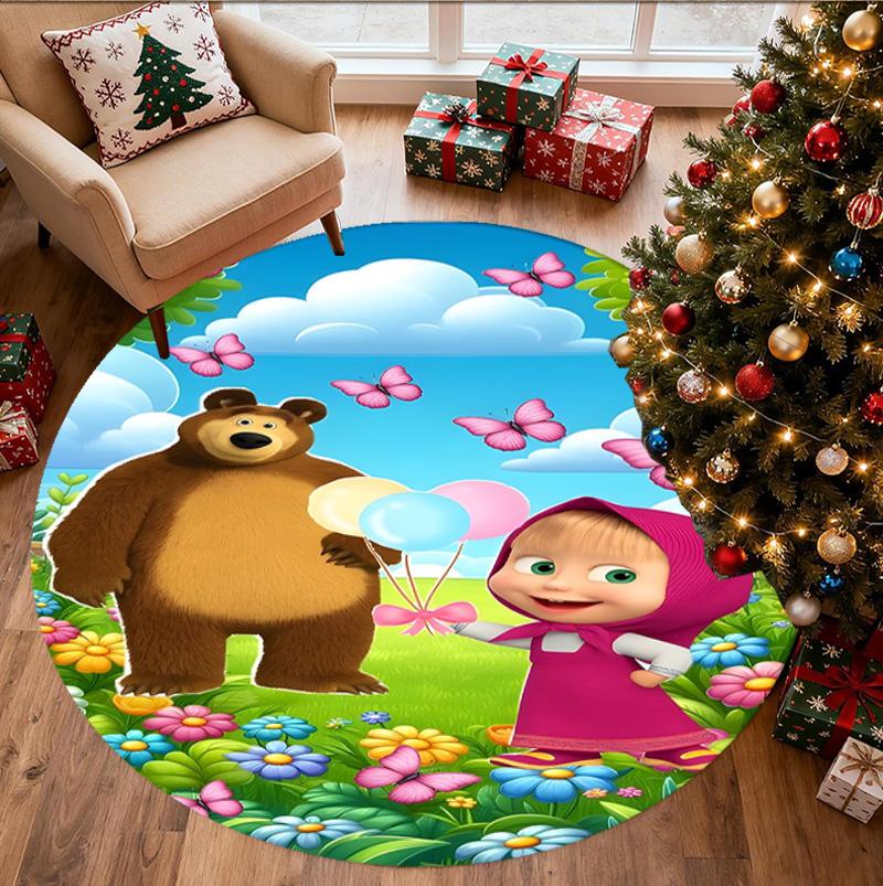 Masha and The Bear Pattern Round Rug, Indoor/Outdoor Mat, for Picnic, Gameroom, Bedroom, Office, Living Room, Home Decor Carpet, Birthday Gift