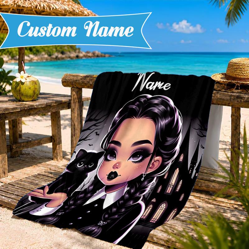 Custom Name Gothic Addams Beach Towel, Soft Quick-Dry Beach Towel, Ideal for Pool, Camping, Perfect Travel Essential Gift
