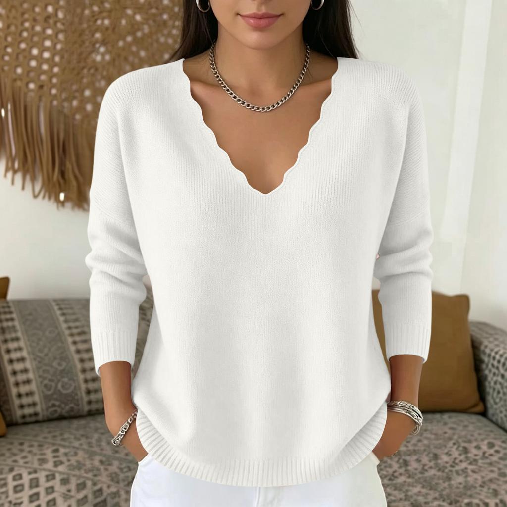 Women's V-Neck Long Sleeve Knit Top Color Casual Sweater for Everyday Wear