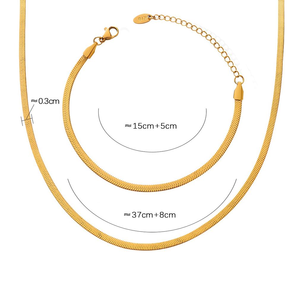 Flat Snake Chain Necklaces Matching Bracelets In 18k Gold Plated Stainless Steel Herringbone Chains Necklace Bracelet  For Women