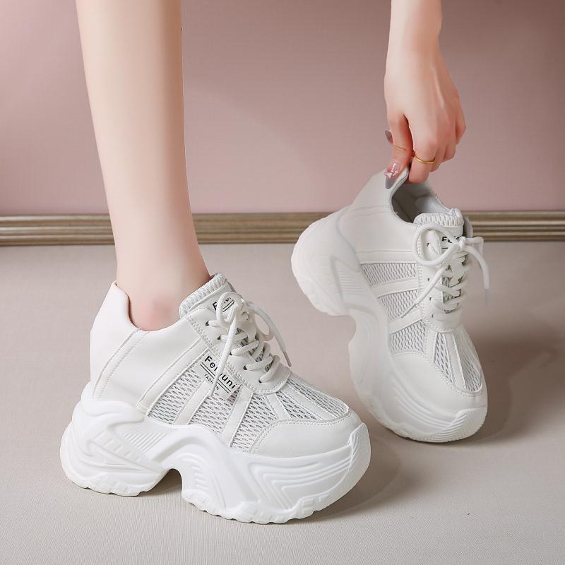Fashion 7.5CM Women Platform Sneakers Lace-up Autumn Sports Dad Shoes High Top Chunky Casual Shoes Woman Thick Bottom Mesh White Shoes