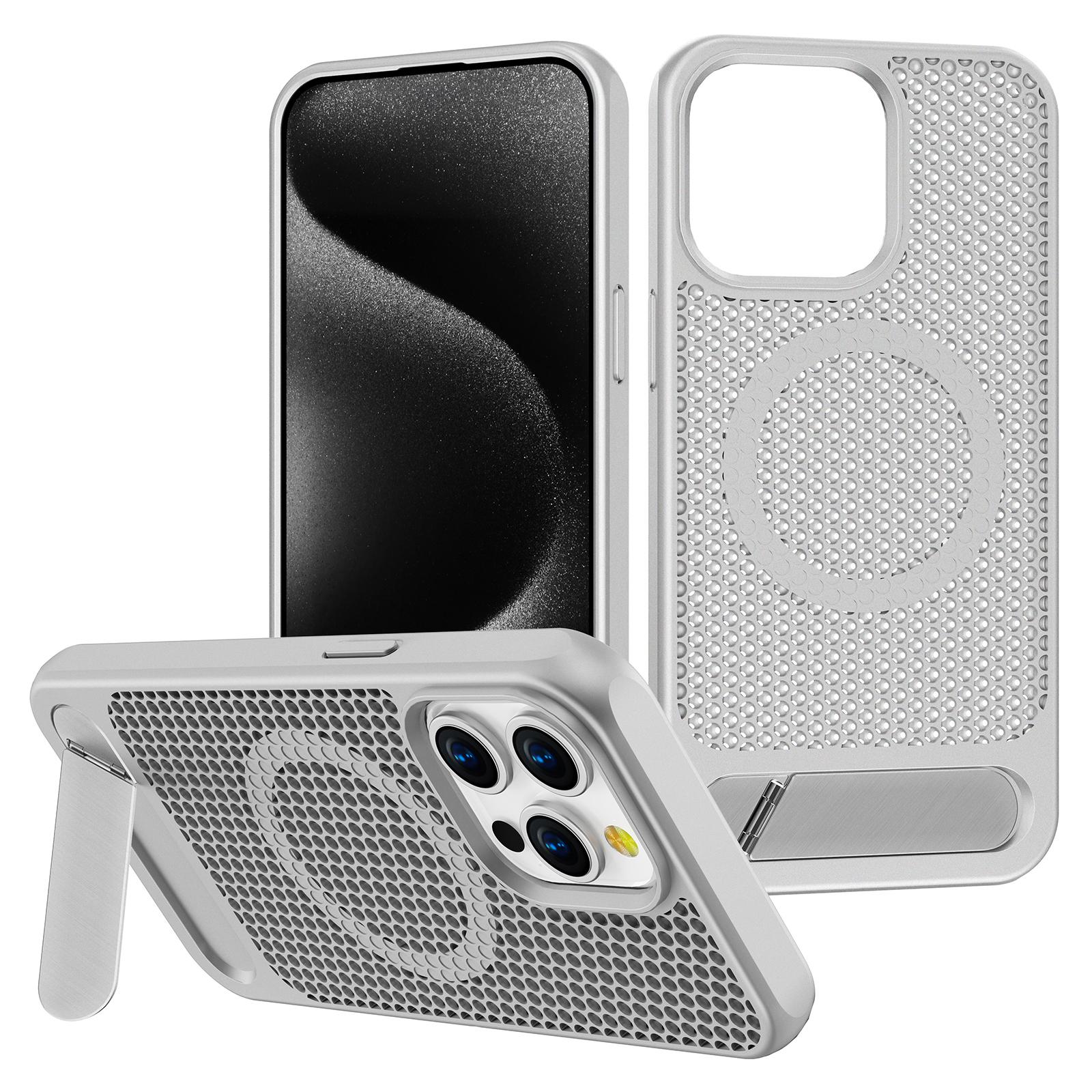 

For iPhone 15 Pro Max Case Hollow Heat Dissipation Back Cover Kickstand Compatible with MagSafe D