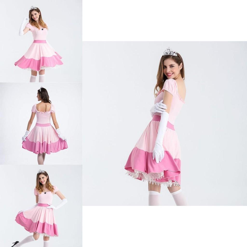 Elegant Super Mario Pink Princess Peach Costume Dress With Crown And Gloves Set