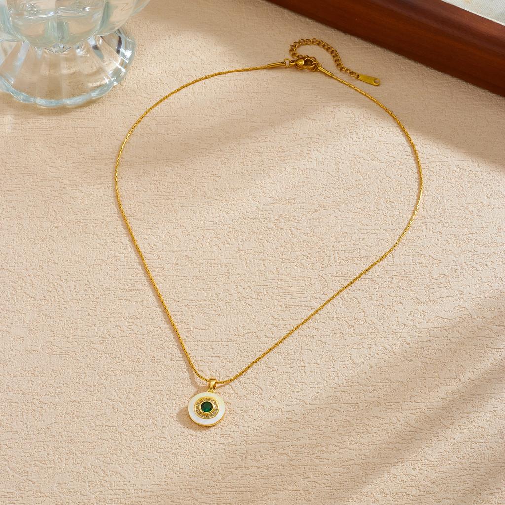 316L Stainless Steel Round Green Zircon Pendant Necklace For Women Lady Fashion New Clavicle Chain Jewelry Accessories Gift