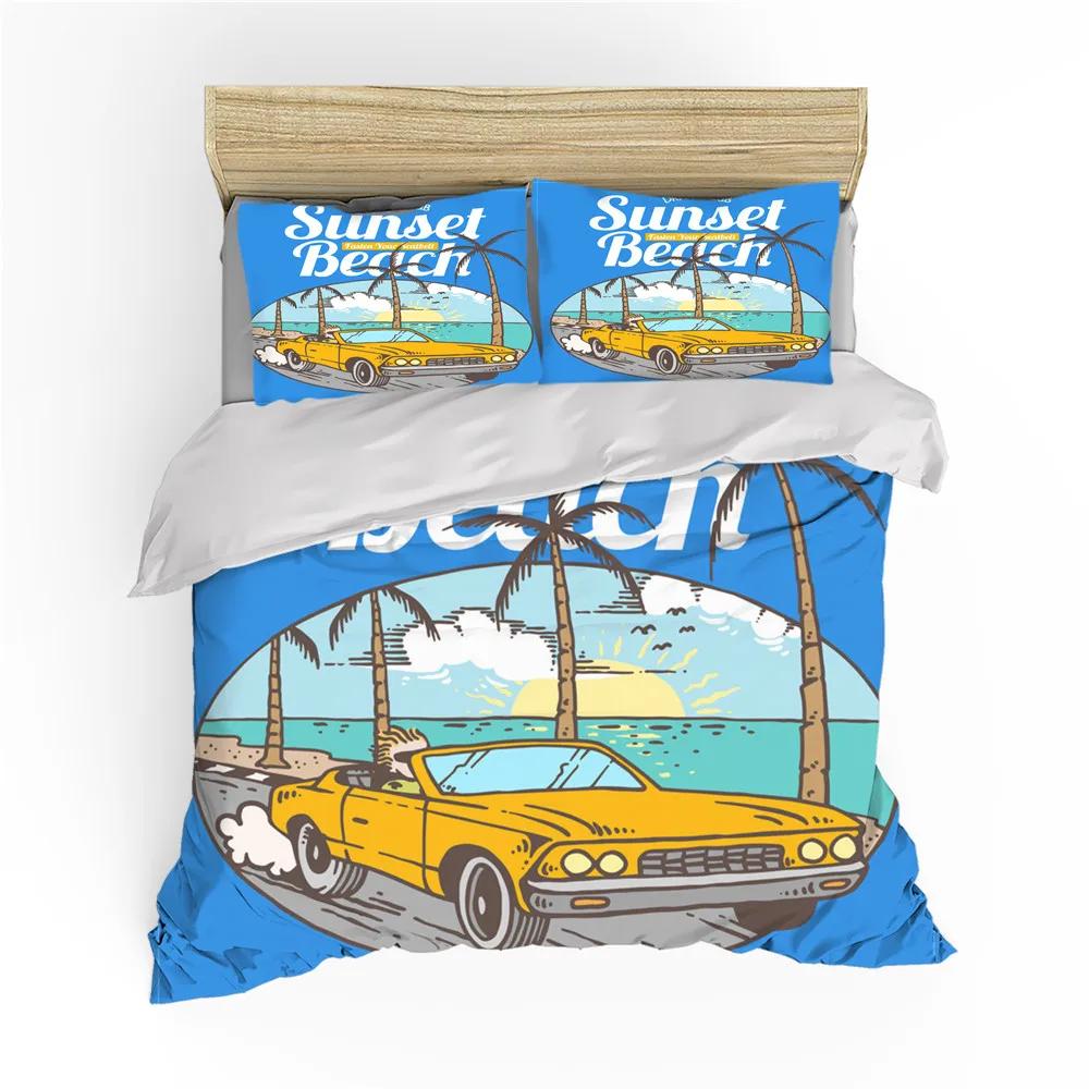 Surf Duvet Cover Hippie Classic Old Bus Surfboard Freedom Holiday Exotic Life Sketchy Art Yellow Orange Room Decor For Women Men