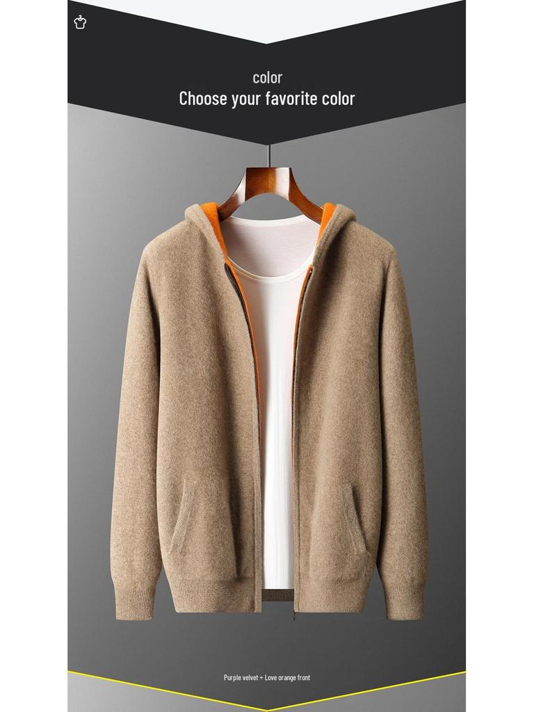 Men's Zipper Hooded Wool Cardigan - Thick Knitwear for Autumn/Winter