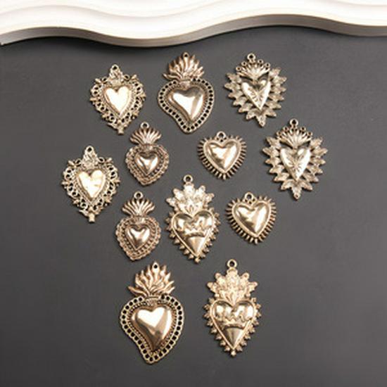 Cross Retro Sacred Heart Flame Pendant: Love Heart Aged KC Gold Blackened DIY Charm Necklace
