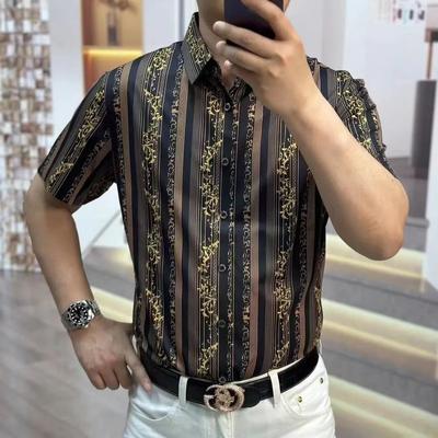 New American Slim Fit Printed Versatile Short-sleeve Men's Patterned Personality Turn-down Collar Stretch Shirt