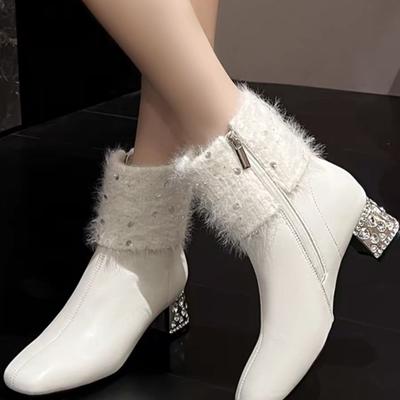 Women Ankle Boots Crystal Fur Leather High Heels Shoes Woman 2025 Trend Pointed Toe Chunky Fashion Elegant Winter Botas