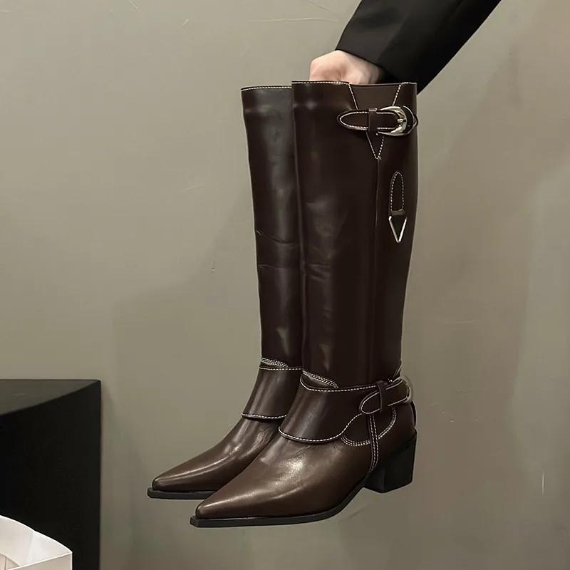 Women Chelsea Long Boots Pointed Toe Buckle Luxury High Heels 2024 Shoes Autumn New Trend Gladiator Women Knee High Botas Pumps