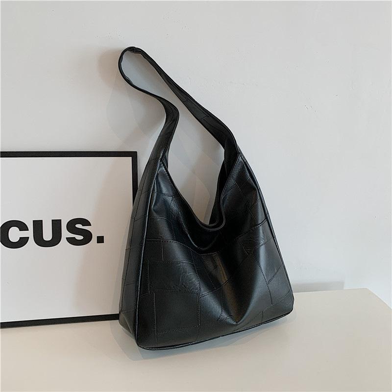 

New trendy fashion large capacity solid color splicing casual commuting shoulder crossbody tote bag women чёрный