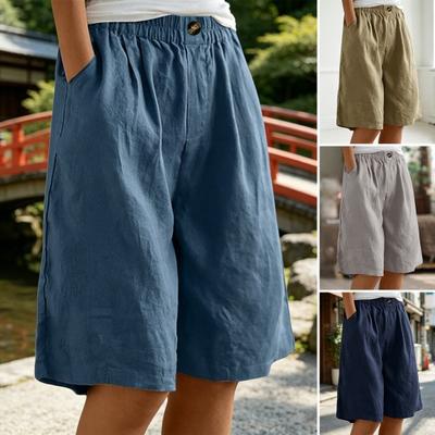 Bermuda Shorts for Women Knee Length High Waisted Baggy Shorts with Pockets Elastic Waist Summer Cotton Linen Beach Vacation Shorts