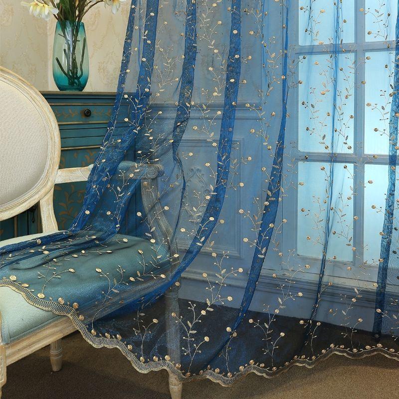 Floral Embroidery - Semi-Transparent Polyester Window Screen for Bedroom, Living Room, Balcony