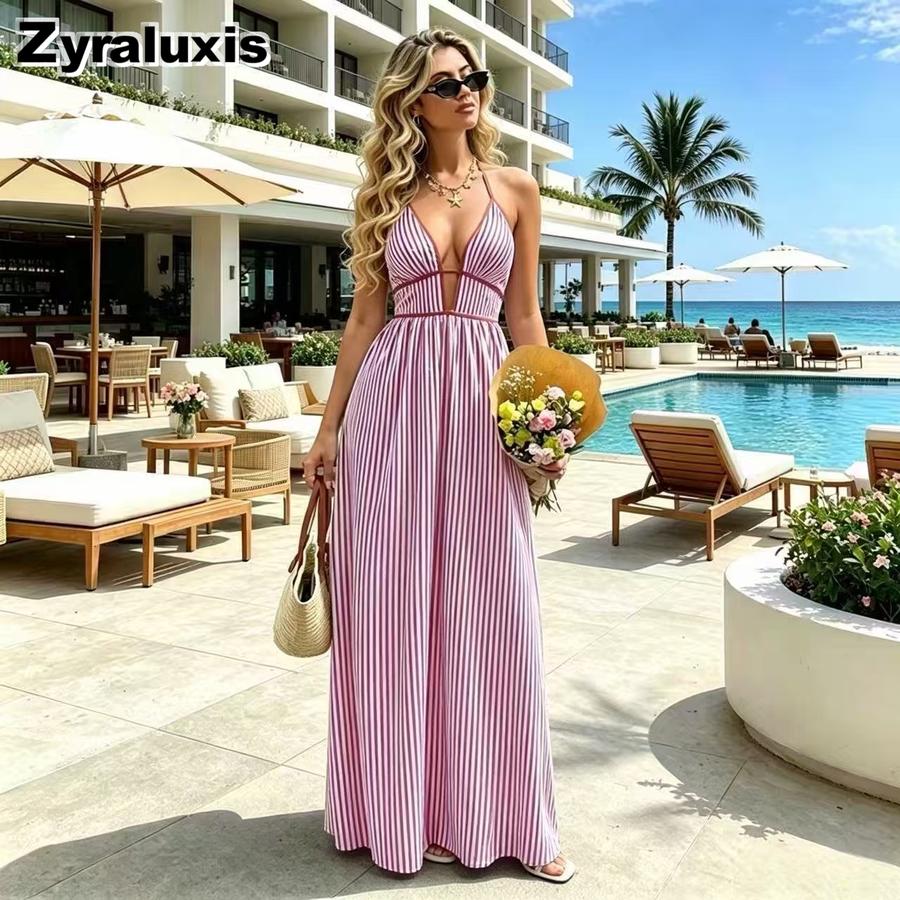 Novedades Vestido de Rayas con Cuello en V para Mujer - Rebajas Vestido Maxi sin Mangas