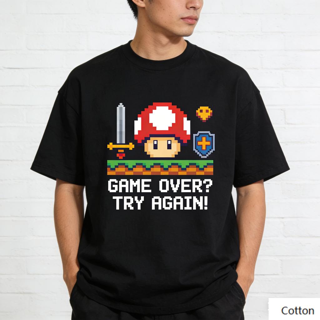 Adventure Hero Gear Pixel Art Print Pure Cotton TShirt Unisex Gaming Street Style Oversized Top