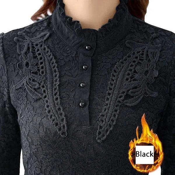 Plush Thickened Long Sleeve Lace Shirts Women's Autumn Winter Slim Fit Tops Large Size Warm Blouses