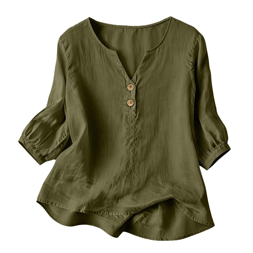 Damen Leinen Baumwolle Henley-Kragen Knopfleiste Dreiviertelärm Lockerer Schnitt Freizeitbluse Hemd Top für den täglichen Gebrauch