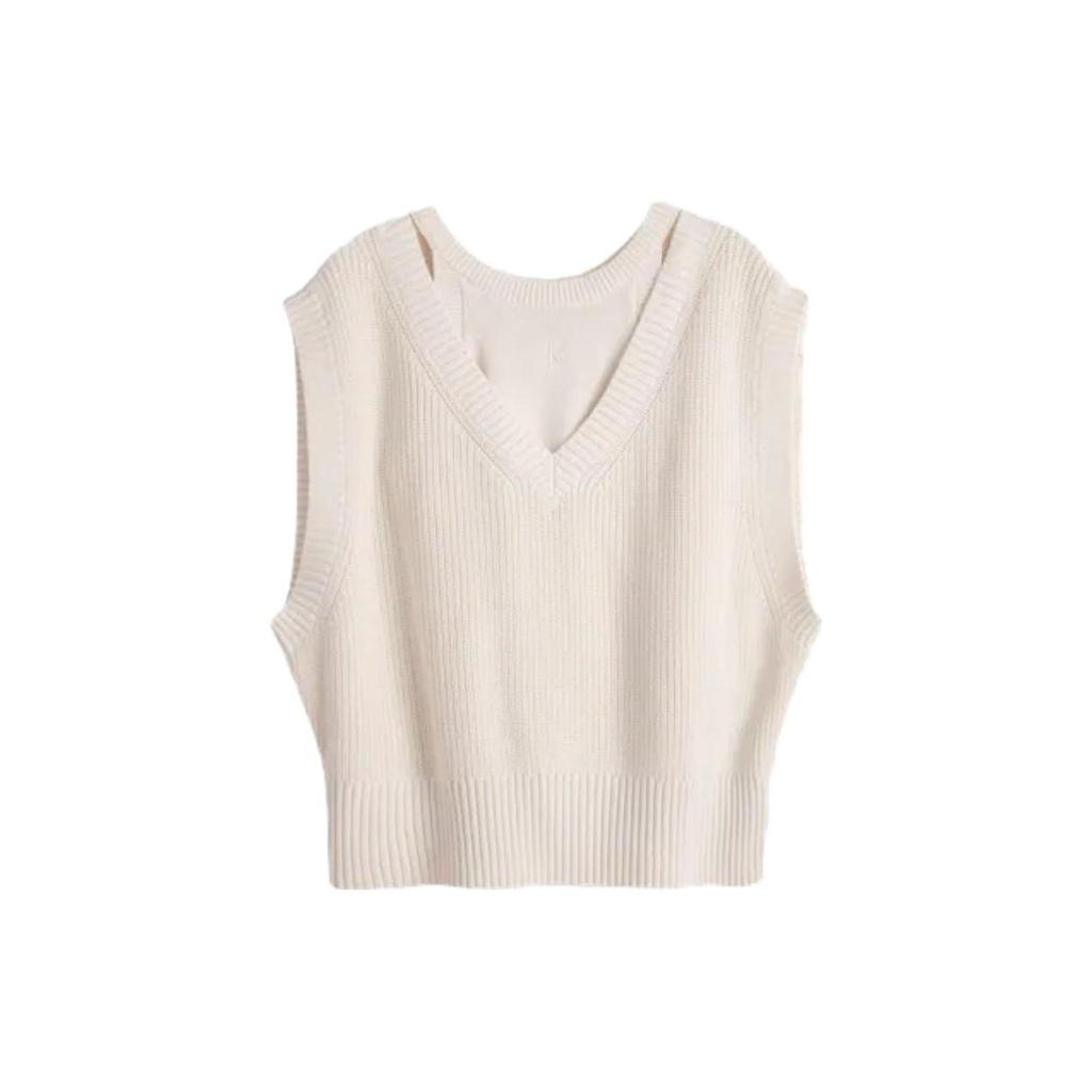Calvin Klein Embroidered Letter Logo V-Neck Knit Vest Set Women Tops Cream J222307
