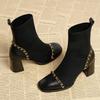 Fashion 2024 Hot Sale Shoes for Women Slip On Women's Boots Winter Square Toe Solid Plush Warm Short Barrel Mid Heel Fashion Naked Boots