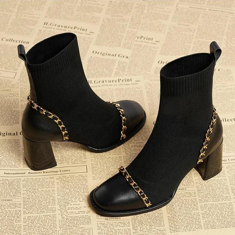 Fashion 2024 Hot Sale Shoes for Women Slip on Women's Boots Winter Square Toe Solid Plush Warm Short Barrel Mid Heel Fashion Naked Boots