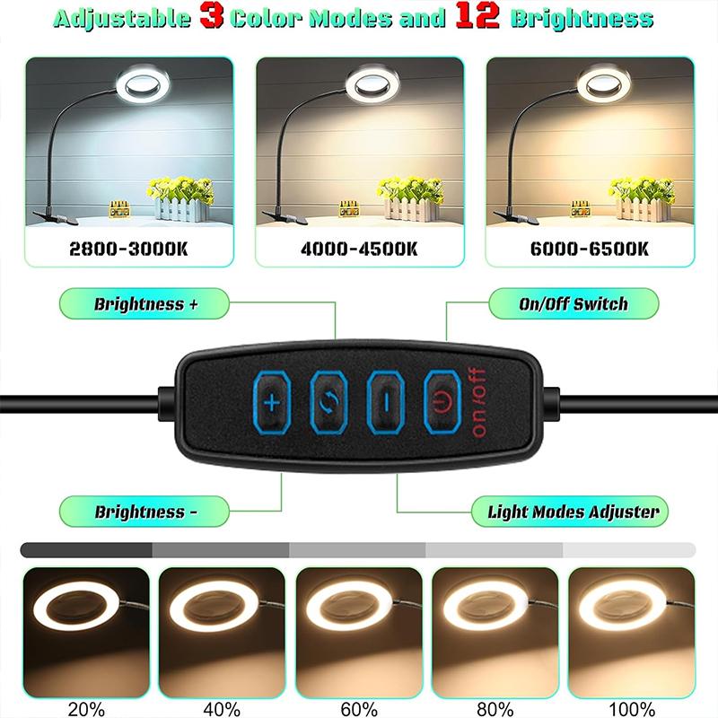10X Vergrößerungsglas mit Licht, 3 Farben + 10 Helligkeitsstufen Leselampe, Vergrößerer mit Lichtern, Beleuchtet für Clip-on-Lampen