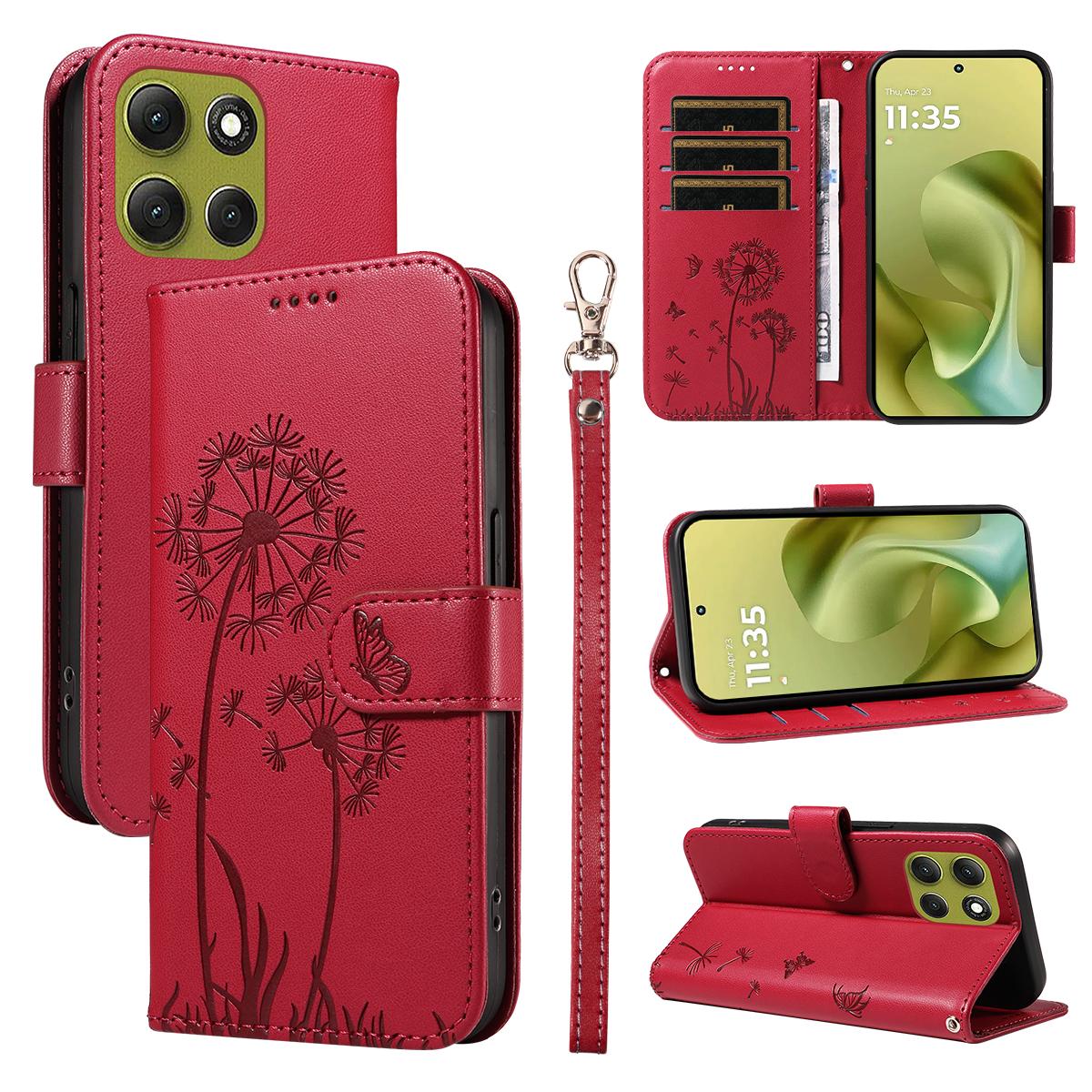 

For Motorola Moto G86 5G/G86 Power 5G Leather Wallet Case with Strap Dandelion Imprint Phone Stand Cover Red