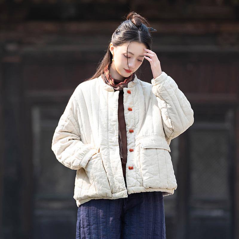 Women s Cotton Linen Retro Color Block Stand Collar Jacket with Frog Button One Size