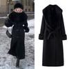 Manteau Long en Laine pour Femme à Col Revers Manches Longues Taille Cintrée Bordure en Fausse Fourrure Manteau Maxi Vêtement d'Extérieur d'Hiver