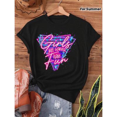 T-shirt Grafica Neon Retrò Anni '80 da Donna - Le Ragazze Vogliono Solo Divertirsi Stampa Geometrica Girocollo Manica Corta Vestibilità Rilassata Primaverile Estiva Casual Maglietta Vintage