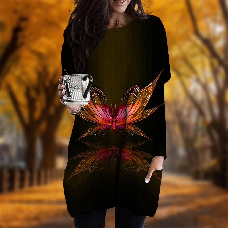 New In Autumn Giant Butterfly Print Plus Size Dress Women O'neck Long Sleeves Casual Pocket Dresses