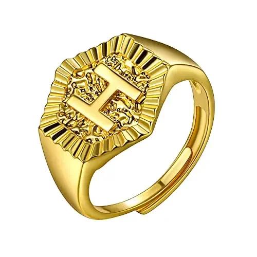 Hexagon Surface 3D Embossed A-Z Initial Letter Rings for Man Woman Adjustable Size A-Z 14k Gold Color Family Signet Jewelry